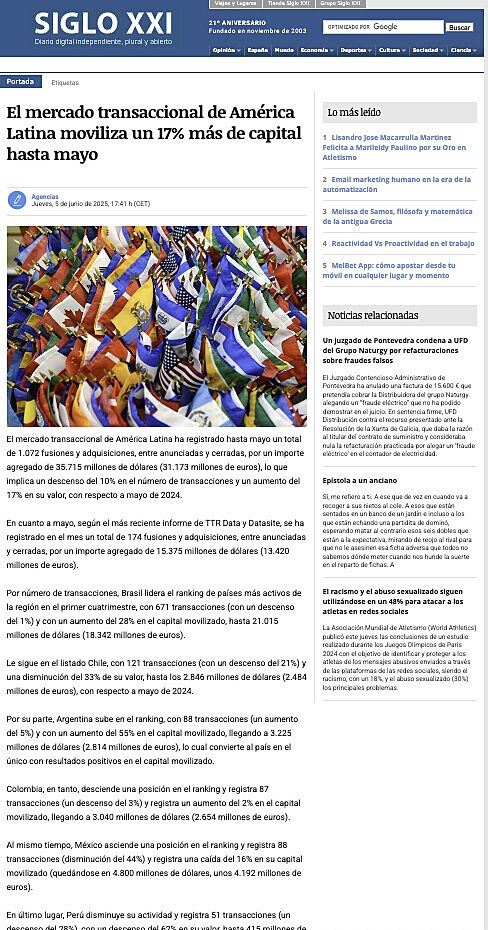 El mercado transaccional de Amrica Latina moviliza un 17% ms de capital hasta mayo